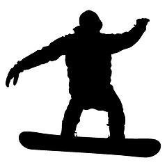 Image showing Black silhouettes snowboarders on white background.