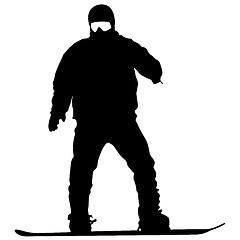 Image showing Black silhouettes snowboarders on white background.