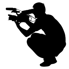 Image showing Cameraman with video camera. Silhouettes on white background. illustration