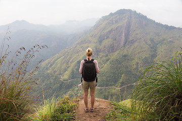 Image showing Female tourist enjoying beautiful view of tea plantations, Sri Lanka.