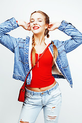 Image showing young pretty stylish hipster blond girl with pigtails posing emotional isolated on white background happy smiling cool smile, lifestyle people concept