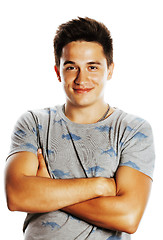 Image showing young handsome brunete man emotional posing on white background 