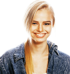 Image showing young blond woman on white backgroung gesture thumbs up, isolate