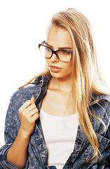 Image showing young pretty girl teenager in glasses on white isolated blond ha