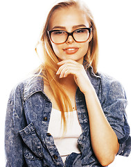 Image showing young pretty girl teenager in glasses on white isolated blond ha