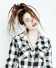 Image showing real caucasian woman with dreadlocks hairstyle funny cheerful fa