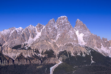 Image showing Panoramic view of Dolomites mountains around famous ski resort C