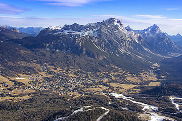 Image showing Panoramic view of Dolomites mountains around famous ski resort C