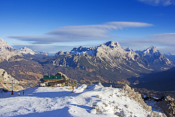 Image showing Panoramic view of Dolomites mountains around famous ski resort C