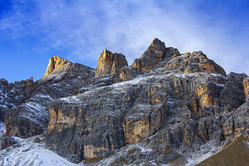 Image showing Panoramic view of Dolomites mountains around famous ski resort C