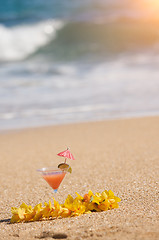 Image showing Tropical Drink on Beach Shoreline