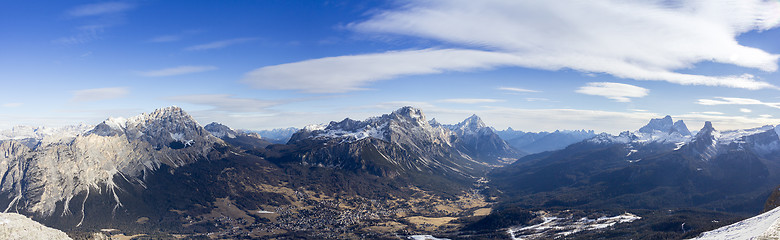 Image showing Panoramic view of Dolomites mountains around famous ski resort C