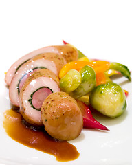 Image showing Pheasant and Duck with Brussel Sprouts
