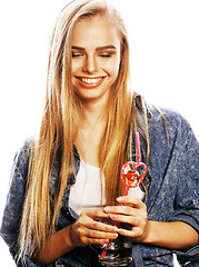 Image showing young blond woman on white backgroung gesture thumbs up, isolate