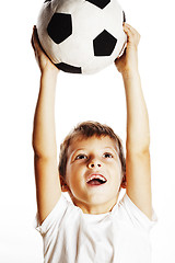 Image showing little cute boy playing football ball isolated on white close up