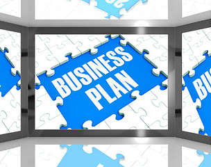 Image showing Business Plan On Screen Shows Marketing Strategies