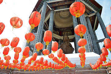 Image showing Guanyin and a red lanterns in Chinese Temple Penang, Malaysia