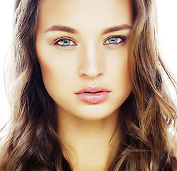 Image showing young sweet brunette woman close up isolated on white background