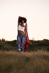 Image showing black girl dances outdoors in a meadow