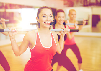 Image showing group of smiling people working out with barbells