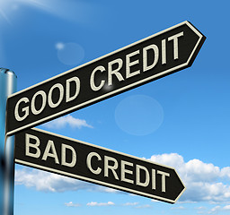Image showing Good Bad Credit Signpost Showing Customer Financial Rating