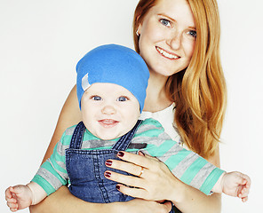 Image showing young beauty mother with cute baby, red head happy modern family