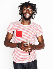 Image showing young handsome african american boy singing emotional with microphone isolated on white background, in motion gesturing smiling, lifestyle people concept