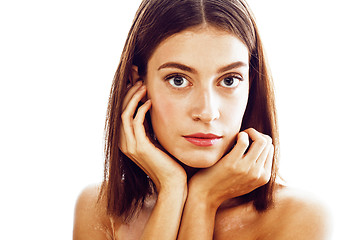 Image showing beautiful young brunette woman with vitiligo disease close up isolated on white positive smiling, model problems concept, bad tan problem