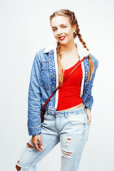 Image showing young pretty stylish hipster blond girl with pigtails posing emotional isolated on white background happy smiling cool smile, lifestyle people concept