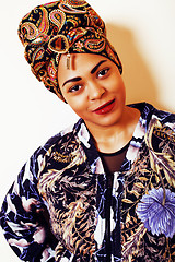 Image showing beauty bright african woman with creative make up, shawl on head