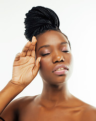 Image showing young pretty african american woman naked taking care of her skin isolated on white background, healthcare people concept