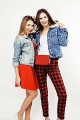 Image showing best friends teenage girls together having fun, posing emotional on white background, besties happy smiling, lifestyle people concept