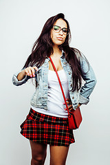 Image showing young happy smiling latin american teenage girl emotional posing on white background, lifestyle people concept, school uniform wearing glasses
