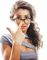 Image showing young pretty real brunette woman secretary in sexy dress wearing glasses isolated on white background pointing gesturing emotional cheerful lady