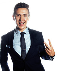 Image showing young pretty business man standing on white background, modern hairstyle, posing emotional, lifestyle people concept