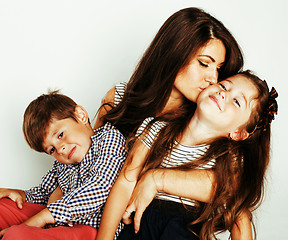 Image showing young mother with two children on white background isolated, happy smiling family, lifestyle people concept