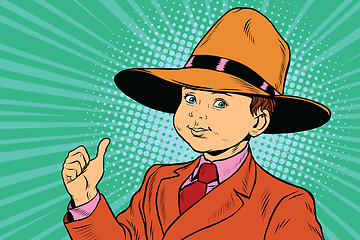 Image showing thumb up boy in a big hat