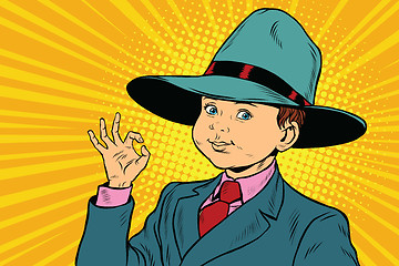 Image showing Boy OK gesture, big hat mafia