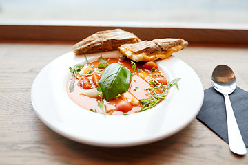 Image showing plate of delicious gazpacho soup at restaurant