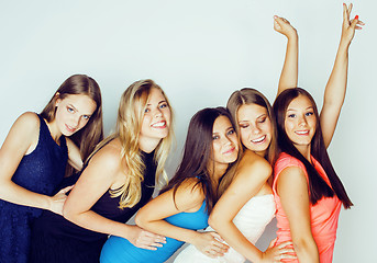 Image showing many girlfriends hugging celebration on white background, smiling talking chat, girl next door close up wondering sweety group