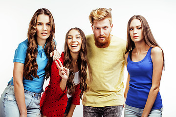 Image showing company of hipster guys, bearded red hair boy and girls students having fun together friends, diverse fashion style, lifestyle people concept isolated on white background