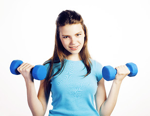 Image showing young pretty slim woman with dumbbell isolated cheerful smiling, real sport girl next door, lifestyle people concept