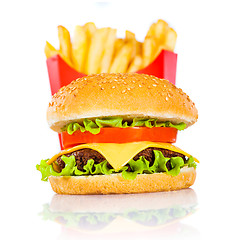 Image showing Tasty hamburger and french fries