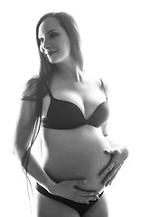 Image showing beauty sexy brunette pregnant woman isolated black and white portrait, tenderness people concept