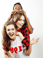 Image showing diverse multi nation girls group, teenage friends company cheerful having fun, happy smiling, cute posing isolated on white background, lifestyle people concept, african-american and caucasian