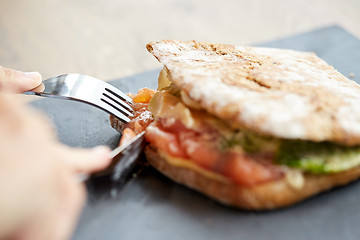 Image showing person eating salmon panini sandwich at restaurant