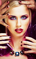 Image showing beauty woman with creative make up, many fingers on face close u