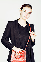 Image showing young pretty cool fashion business lady wearing black suit and o