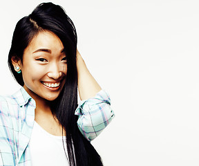 Image showing young pretty asian woman posing cheerful emotional isolated on white background, lifestyle people concept