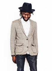 Image showing young handsome afro american boy in stylish hipster hat gesturin